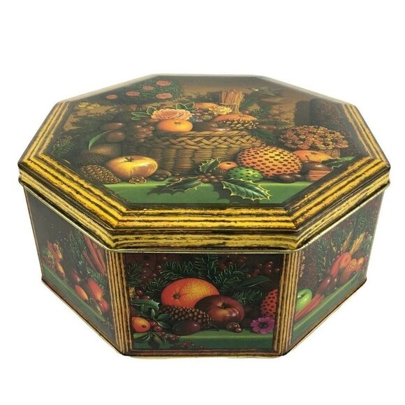 Octagonal Cake Cookie Tin Holiday Fruit Basket Container 9.5x9.5 Vintage - Picture 2 of 9